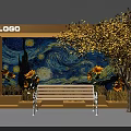 Van Gogh Style Starry Night Mural With Sunflowers Bench And Yellow Tree Near LOGO Frame