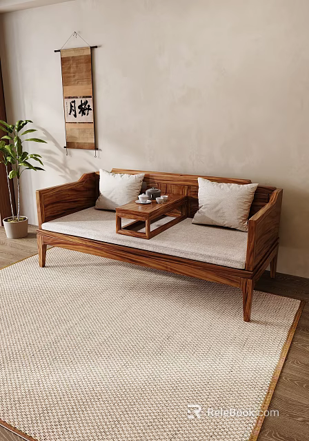 Wooden Luohan Daybed with White Cushions Small Center Table and Tea Set on Light Rug 3d model 