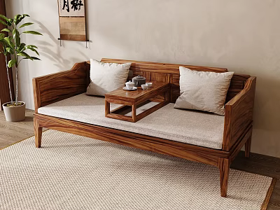 Wooden Luohan Daybed with White Cushions Small Center Table and Tea Set on Light Rug 3d model