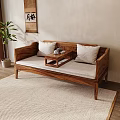 Wooden Luohan Daybed with White Cushions Small Center Table and Tea Set on Light Rug