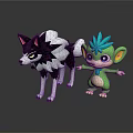 Cartoon Black White Wolf With Pointed Ears And Green Blue Haired Creature