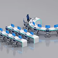 Modern Office Desks With Curved Design White Countertop Blue Chairs And Computers
