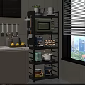Black Multi tier Kitchen Storage Shelf With Microwave Coffee Maker Jars Teapot And Plates