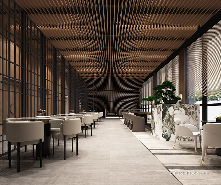 Modern Lounge Area Design With Wooden Slat Ceiling Long Tables Green Plants And Marble Partition 3d model 