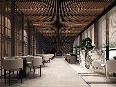 Modern Lounge Area Design With Wooden Slat Ceiling Long Tables Green Plants And Marble Partition 3d model