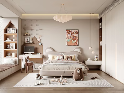 Cozy Kids Bedroom With Eared Headboard Stuffed Toys Decorative Painting Chandelier Desk And Rug 3d model