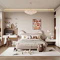 Cozy Kids Bedroom With Eared Headboard Stuffed Toys Decorative Painting Chandelier Desk And Rug