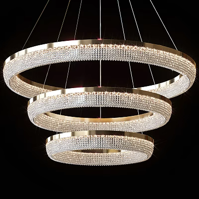Elegant Crystal Chandelier with Three Layered Circular Rings and Shiny Metal Frame 3d model