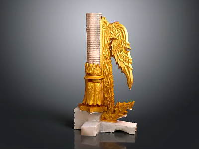 Golden Decorative Sculpture With Intricate Wing Design And White Pedestal Base 3d model