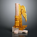 Golden Decorative Sculpture With Intricate Wing Design And White Pedestal Base