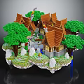 Cartoon Lego Scene With Traditional Buildings Brown Roofs Green Trees White Statues And Courtyard