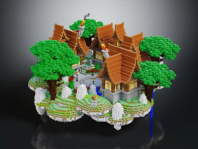 Cartoon Lego Scene With Traditional Buildings Brown Roofs Green Trees White Statues And Courtyard 3d model