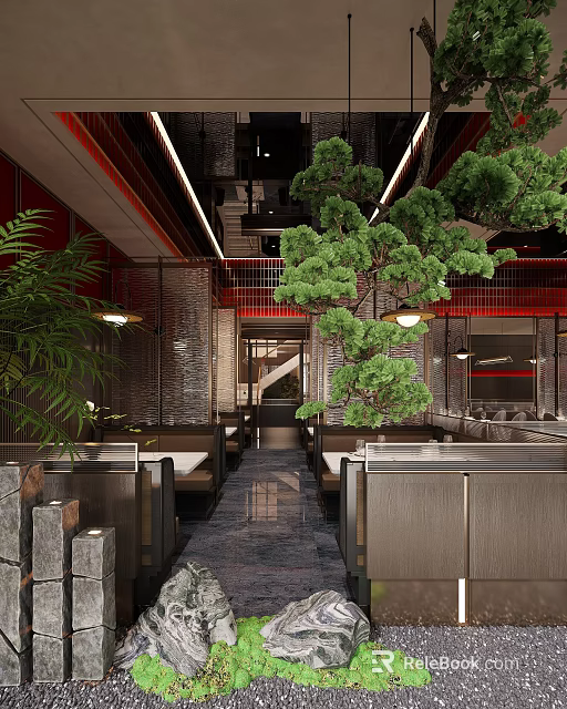 Elegant Restaurant Interior Design With Green Pine Trees Booth Seats Stone Path And Pendant Lights 3d model 