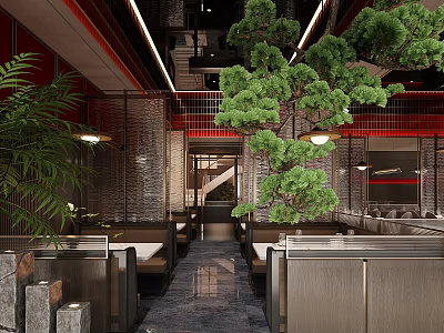 Elegant Restaurant Interior Design With Green Pine Trees Booth Seats Stone Path And Pendant Lights 3d model