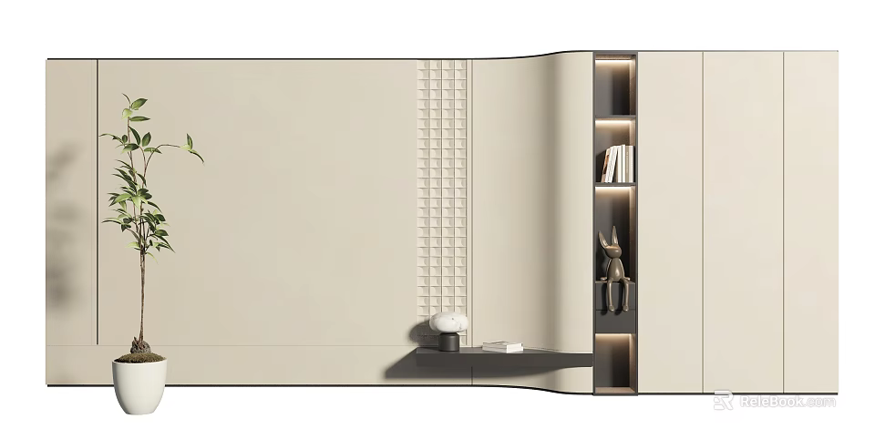 Modern Elegant Accent Wall Design With Textured Panel And Decorative Shelves 3d model