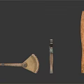 Handmade Wooden Artifacts Including Fan Shaped Tool Small Figurine And Long Stick