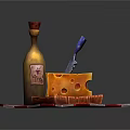 Cheese Slice on Wooden Cutting Board with Knife Wine Bottle on Red White Checkered Cloth