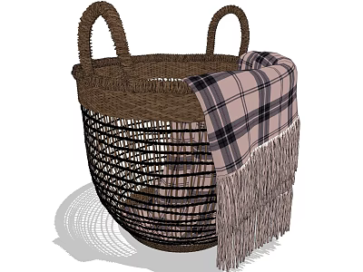 Woven Brown Storage Basket With Handles And Plaid Fringe Blanket 3d model