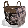 Woven Brown Storage Basket With Handles And Plaid Fringe Blanket
