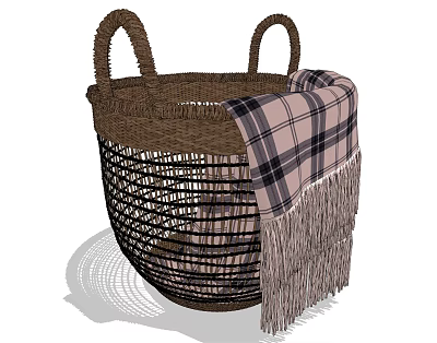 Woven Brown Storage Basket With Handles And Plaid Fringe Blanket 3d model