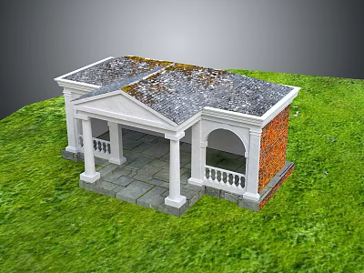 Cartoon Scene Small Pavilion With Gray Mossy Roof White Columns Red Brick Walls Green Grass 3d model
