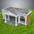 Cartoon Scene Small Pavilion With Gray Mossy Roof White Columns Red Brick Walls Green Grass