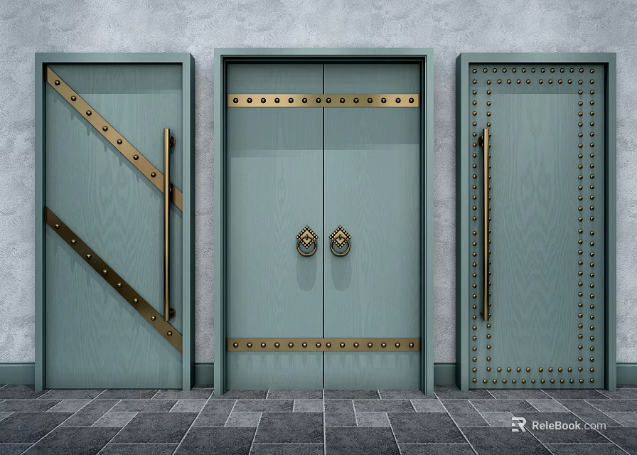 Light Green Wooden Swing Doors with Brass Accents Rivets and Handles on Gray Wall 3d model 