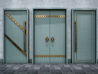 Light Green Wooden Swing Doors with Brass Accents Rivets and Handles on Gray Wall 3d model