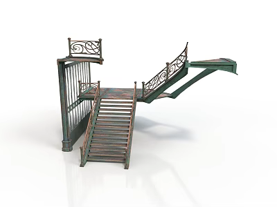 Architectural Staircase Design With Wrought Iron Railing And Wooden Steps Structure 3d model
