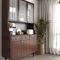 Wooden Sideboard With Glass Doors Tableware Coffee Machine And Plant In Modern Interior