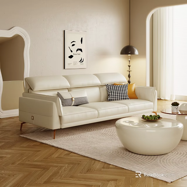 White Leather Three Seater Sofa With Cushions Wooden Floor Abstract Painting Floor Lamp Coffee Table 3d model 