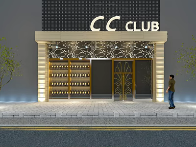 CC Club Modern Facade With Ornate Entrance Doors Lighting And Paved Walkway 3d model