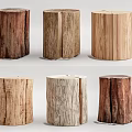 Six Wooden Tree Stump Stools With Various Natural Wood Grain Colors