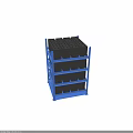 Blue Industrial Storage Rack With Multiple Black Storage Bins And Metal Frame