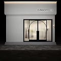 Modern Clothing Store Exterior With Arched Glass Door And Display Windows