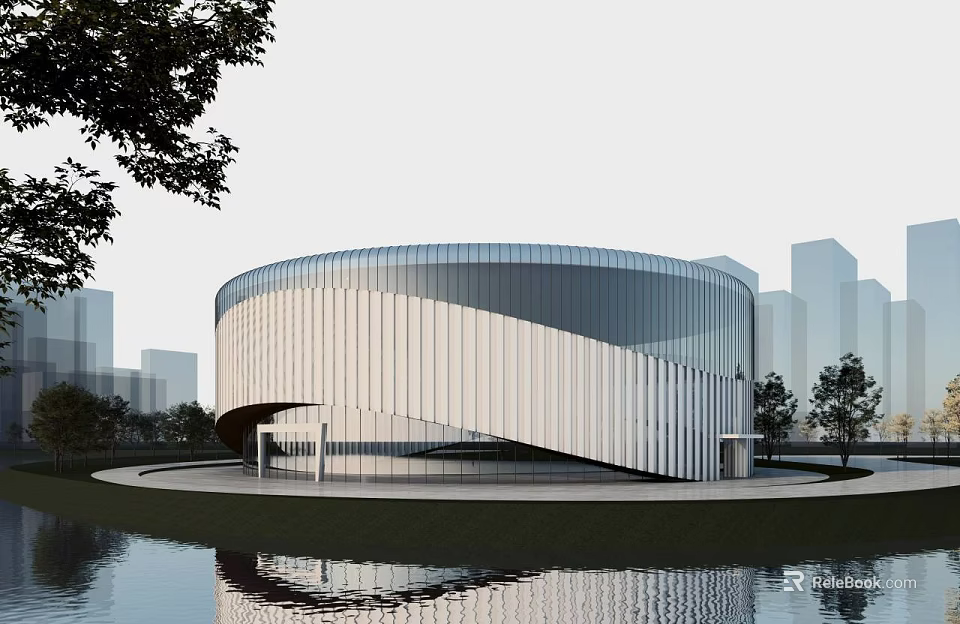 Contemporary Circular Museum Building with Glass Facade Water Reflection Urban Skyline and Trees 3d model 