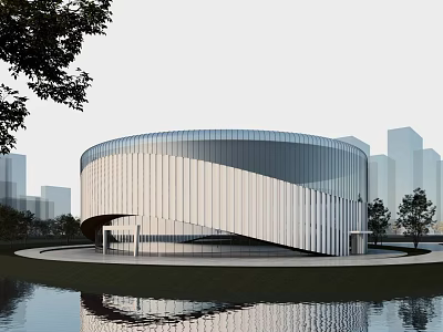 Contemporary Circular Museum Building with Glass Facade Water Reflection Urban Skyline and Trees 3d model