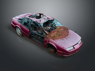 Abandoned Red Car With Open Doors Broken Windows Weeds And Branches Inside 3d model