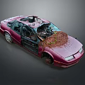 Abandoned Red Car With Open Doors Broken Windows Weeds And Branches Inside