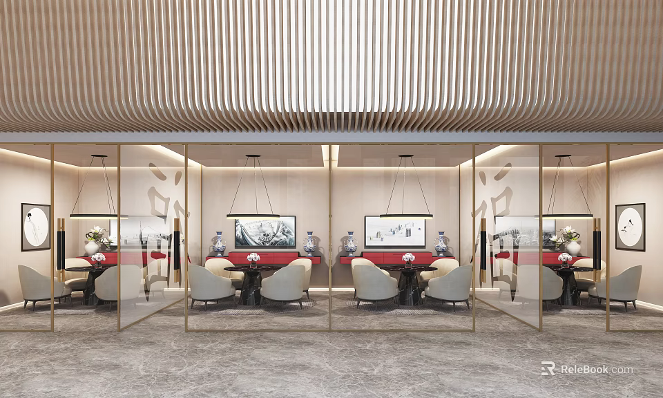 Modern Chinese Style Conference Room With Wooden Ceiling Glass Partitions And Round Tables 3d model 