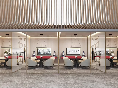 Modern Chinese Style Conference Room With Wooden Ceiling Glass Partitions And Round Tables 3d model