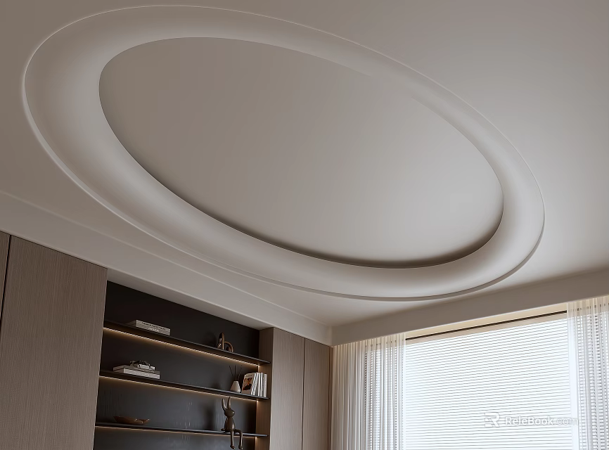 Oval Ceiling Design In Modern Interior With Shelves And Curtains 3d model 