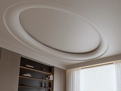 Oval Ceiling Design In Modern Interior With Shelves And Curtains 3d model