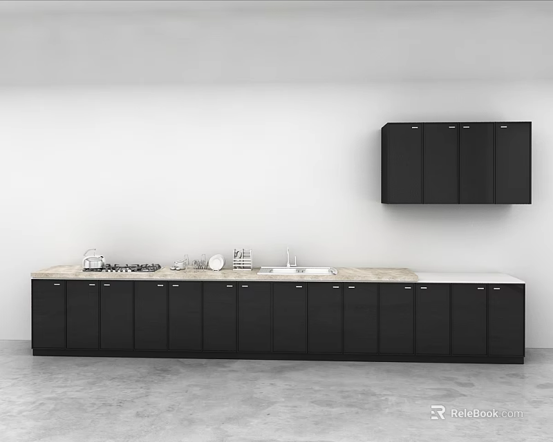 Modern Kitchen Interior With Black Wall Mounted And Base Cabinets And Light Colored Countertop 3d model 