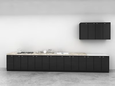 Modern Kitchen Interior With Black Wall Mounted And Base Cabinets And Light Colored Countertop 3d model