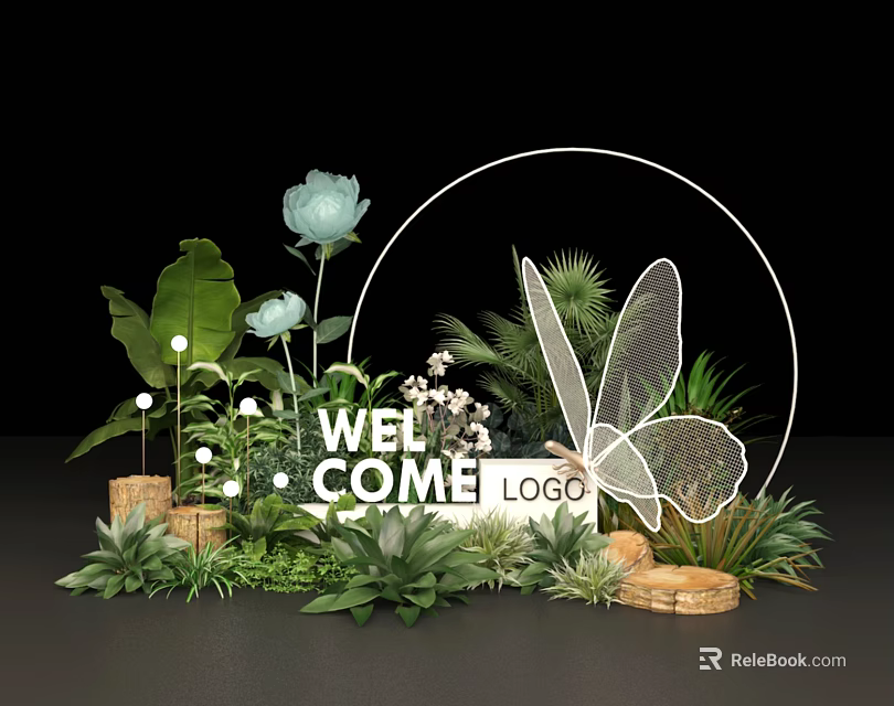 Art Installation Featuring Welcome Logo Circular White Frame Butterfly Green Plants Flowers And Wicker Baskets 3d model 