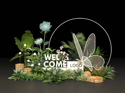 Art Installation Featuring Welcome Logo Circular White Frame Butterfly Green Plants Flowers And Wicker Baskets 3d model