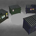 Different Colored Dumpsters With BFI Labels And Stickers On Gray Ground