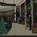 Shopping Mall Interior With Christmas Tree Storefronts People Talking And Decorative Lights