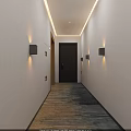 Sleek Hotel Corridor Interior With White Walls Elevators Wall Lights And Carpet 3d model